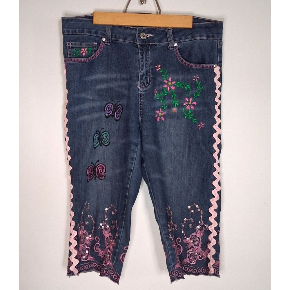 Apollo Petites 8P Embroidered Denim Capris Butterfly Floral Pink Ric Rac Trim Y2